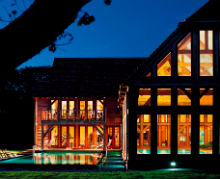Night exterior of the spa at Bailiffscourt Hotel